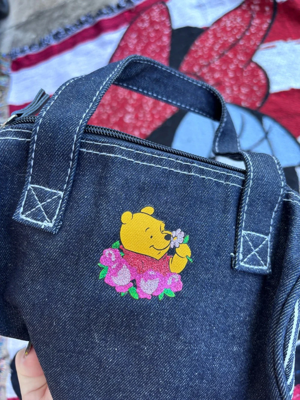 VINTAGE Y2K DISNEY POOH BEAR GRAPHIC DENIM BABY BARREL ZIP BAG CUTE RARE